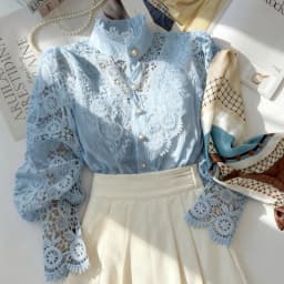 New Women's Long Sleeve High Neck Chic Blouse, Lace Paneled Hollow Sleeve Elegant Top, Vintage Fashion Office Lady Outfits