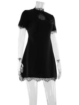 Ahagaga Sexy Women's Mini Dresses Patchwork Short Sleeves Lace Hollow Out Slim Fit Trend Baisc Turtleneck Streetwear Female Robe