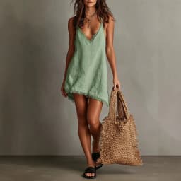 2026 New Summer Beach Cover-Up Mini Dress for Women, Sleeveless, Corded Straps, V-Neck, Slightly Ruffled Edges, Original Cut, Lo