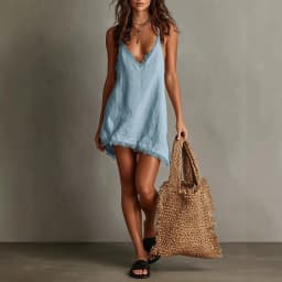 2026 New Summer Beach Cover-Up Mini Dress for Women, Sleeveless, Corded Straps, V-Neck, Slightly Ruffled Edges, Original Cut, Lo
