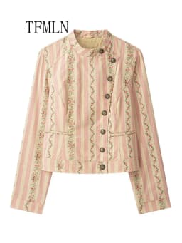 TFMLN Jacquard Striped Flower Print Jackets 2026 Autumn Chic Causal Single Breasted Stand Collar Outwear High Street Ladies Coat
