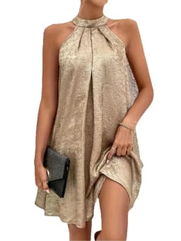 Champagne Color Women's Halter Neck Cold Shoulder Tie Back Spaghetti Strap Sleeveless Summer Dress Fashion