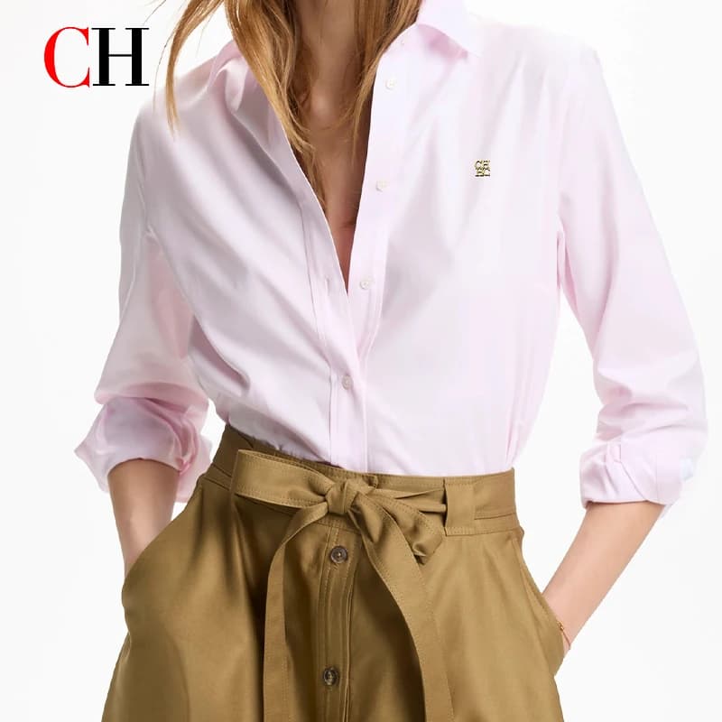 CH Gold Logo Left Chest Premium Cotton Dress Shirt Women Soft Breathable Wrinkle Resistant Office Daily Tops
