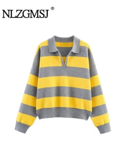 Nlzgmsj 2025 Autumn High Street Chic Women Striped Knitted Sweaters Women Full Sleeve Vintage Style Tops