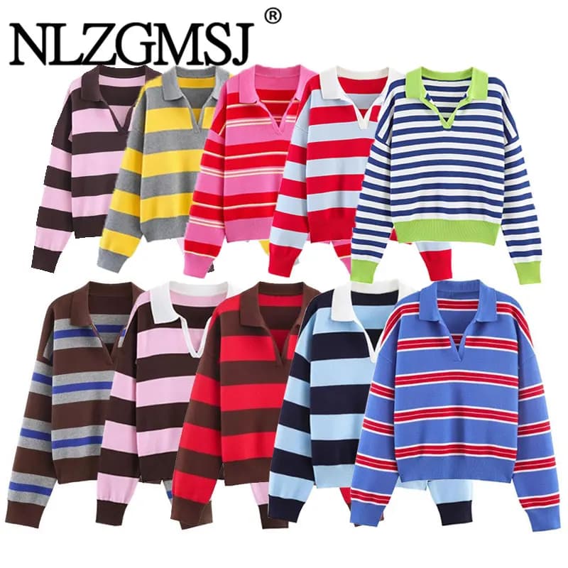 Nlzgmsj 2025 Autumn High Street Chic Women Striped Knitted Sweaters Women Full Sleeve Vintage Style Tops