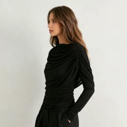 Long sleeved mesh patchwork hanging collar pleated shawl slim fit T-shirt top