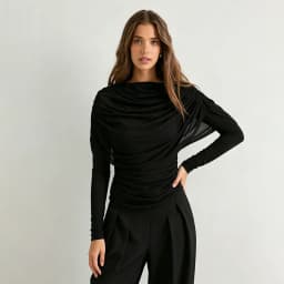 Long sleeved mesh patchwork hanging collar pleated shawl slim fit T-shirt top