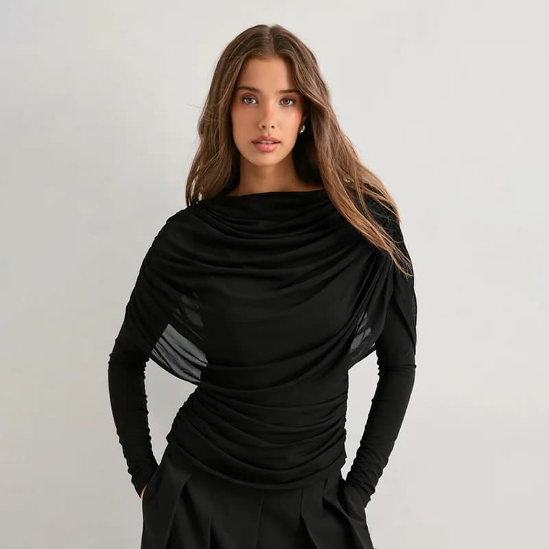 Long sleeved mesh patchwork hanging collar pleated shawl slim fit T-shirt top