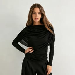 Long sleeved mesh patchwork hanging collar pleated shawl slim fit T-shirt top