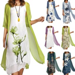 2025 New! EU-US Summer Women's Casual Elegance 2 Printed Crew-Neck Loose Dress Sweater Coat Set