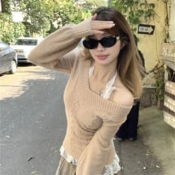 Fashion Vintage V-neck Knitted Tops Women 2025 Early Autumn New Sweaters Pullover Slim Long Sleeve Pullovers Sexy Gray Jumpers
