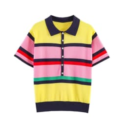 2026 New Dopamine Color Striped Polo Knit T-shirt Women Short Sleeve Lapel Knit Top Casual Daily Wear Outfits Summer Fashion