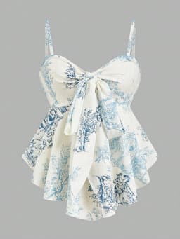 Women's Elegant Cami Top, Striped Printed Fabric, Bow Neck & Front Tie Waist, Slim Sleeveless Camisole. Versatile for Spring & S