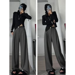 2025 Fall Winter Elegant Gray Suits Pants for Women Office Lady High Waist Wide Leg Fashion Trousers with Pockets Black Pants