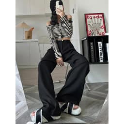 2025 Fall Winter Elegant Gray Suits Pants for Women Office Lady High Waist Wide Leg Fashion Trousers with Pockets Black Pants