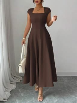 Women Square Neck Midi Dress, Cap Sleeve Fitted Flare Dress Elegant Outfit for Office Party Date