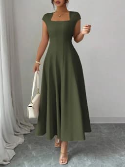 Women Square Neck Midi Dress, Cap Sleeve Fitted Flare Dress Elegant Outfit for Office Party Date