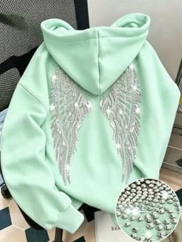 2026 Trendy New Minimalist Design with Wings and Rhinestone Sweatshirt, Casual Loose Hoodie, Pullover Jacket