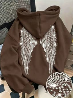 2026 Trendy New Minimalist Design with Wings and Rhinestone Sweatshirt, Casual Loose Hoodie, Pullover Jacket