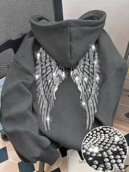 2026 Trendy New Minimalist Design with Wings and Rhinestone Sweatshirt, Casual Loose Hoodie, Pullover Jacket