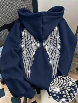2026 Trendy New Minimalist Design with Wings and Rhinestone Sweatshirt, Casual Loose Hoodie, Pullover Jacket