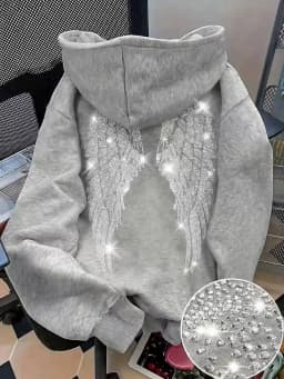 2026 Trendy New Minimalist Design with Wings and Rhinestone Sweatshirt, Casual Loose Hoodie, Pullover Jacket