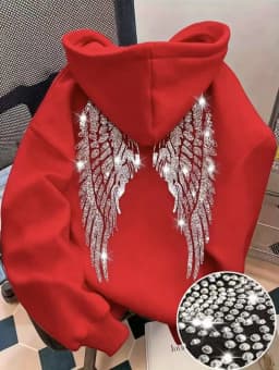 2026 Trendy New Minimalist Design with Wings and Rhinestone Sweatshirt, Casual Loose Hoodie, Pullover Jacket