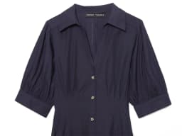 Women's Dress 2026 Spring New Style Dark Blue Short Sleeve Puff Sleeve Faille Midi Dress Simple Fashion Elegant Temperament