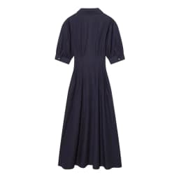 Women's Dress 2026 Spring New Style Dark Blue Short Sleeve Puff Sleeve Faille Midi Dress Simple Fashion Elegant Temperament