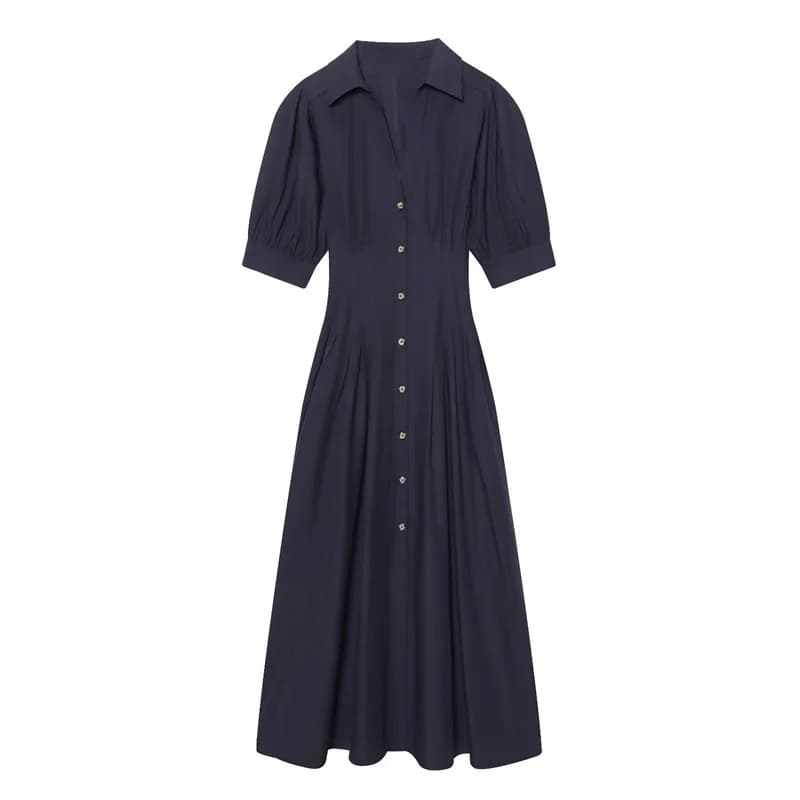 Women's Dress 2026 Spring New Style Dark Blue Short Sleeve Puff Sleeve Faille Midi Dress Simple Fashion Elegant Temperament