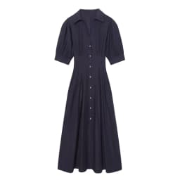 Women's Dress 2026 Spring New Style Dark Blue Short Sleeve Puff Sleeve Faille Midi Dress Simple Fashion Elegant Temperament