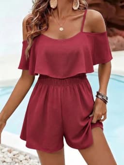 Women's Casual Short Jumpsuit, Off-Shoulder Halter Jumpsuit, Solid Color Asymmetrical/Irregular Vacation Style with Ruffled Hem.