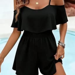 Women's Casual Short Jumpsuit, Off-Shoulder Halter Jumpsuit, Solid Color Asymmetrical/Irregular Vacation Style with Ruffled Hem.