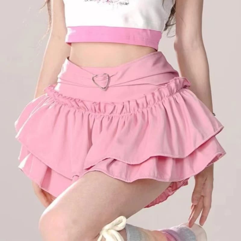 Heart Buckle Tiered Mini Skirt Women Layered Ruffles Trim Miniskirt Kawaii Skort Y2K Japanese Sukapan Balletcore Coquette