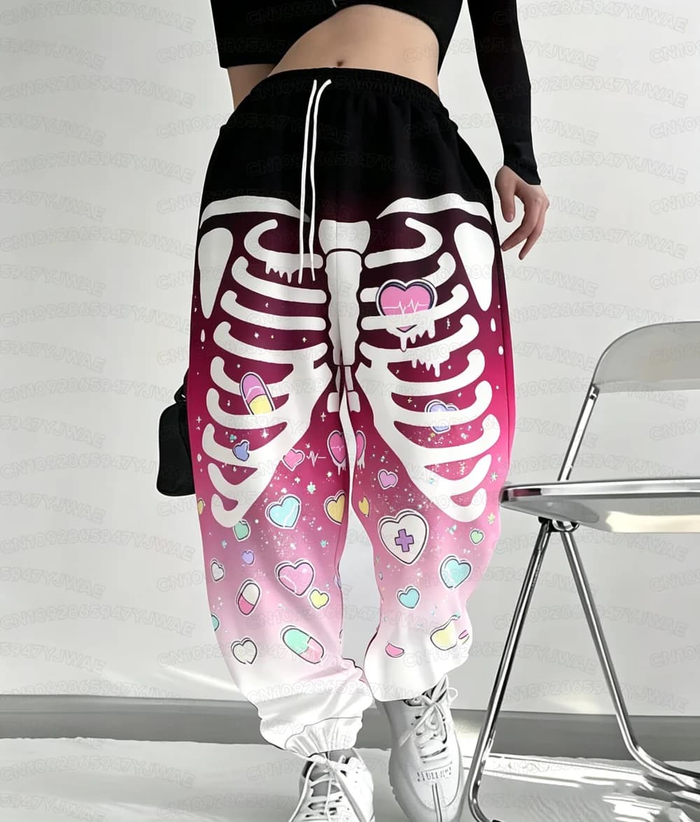 Spring and Autumn Women's Men's Gothic Hip Hop Yami Kawaii Y2K Skull Print Street Style Casual Long Jogger Pants