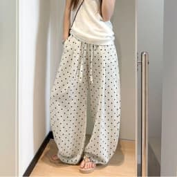 Women's Breathable Linen Polka Dot Banana Pants Summer Casual Trousers Elastic Waist Drawstring Wide-Leg Pants