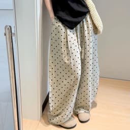Women's Breathable Linen Polka Dot Banana Pants Summer Casual Trousers Elastic Waist Drawstring Wide-Leg Pants