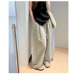 Women's Breathable Linen Polka Dot Banana Pants Summer Casual Trousers Elastic Waist Drawstring Wide-Leg Pants