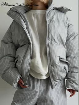 Warm Striped Cotton Coats Pants Set Women's Hooded Stand Collar Zipper Quilted Coat Elastic Waist Trousers 2026 Winter Outfits