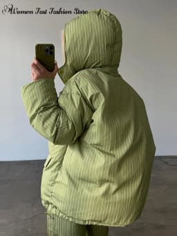 Warm Striped Cotton Coats Pants Set Women's Hooded Stand Collar Zipper Quilted Coat Elastic Waist Trousers 2026 Winter Outfits