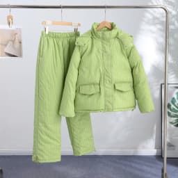 Warm Striped Cotton Coats Pants Set Women's Hooded Stand Collar Zipper Quilted Coat Elastic Waist Trousers 2026 Winter Outfits