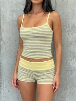 Women Stripe 2 Piece Loungewear Set Spaghetti Strap Cami Top Fold Over Waist Shorts Y2K Summer Casual Sleepwear Pajamas Outfit