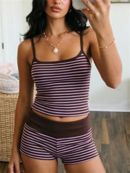 Women Stripe 2 Piece Loungewear Set Spaghetti Strap Cami Top Fold Over Waist Shorts Y2K Summer Casual Sleepwear Pajamas Outfit