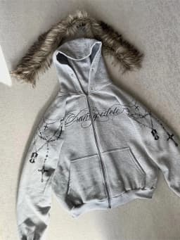 Winter Fashion Streetwear Women's Gothic Punk Faux Fur Hooded Jacket With Cross Print Trendy Edgy Zip - Up Sweatshirt 2026 New
