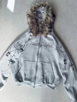 Winter Fashion Streetwear Women's Gothic Punk Faux Fur Hooded Jacket With Cross Print Trendy Edgy Zip - Up Sweatshirt 2026 New