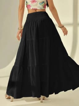 Summer Women White Tiered Maxi Skirt, High Waisted Elastic Waist Pleated Flowy Long Skirt