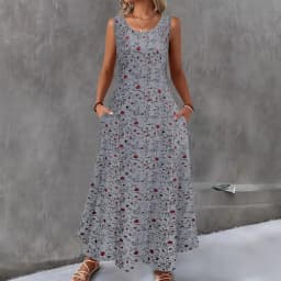 Women Summer Casual Sleeveless Floral Print Maxi Dress O Neck A-Line Long Dress With Pockets Loose Vestidos Beach Sundress