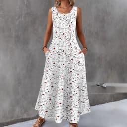 Women Summer Casual Sleeveless Floral Print Maxi Dress O Neck A-Line Long Dress With Pockets Loose Vestidos Beach Sundress