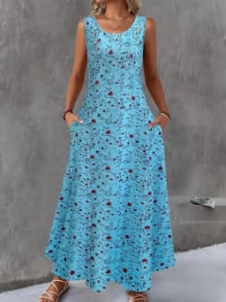 Women Summer Casual Sleeveless Floral Print Maxi Dress O Neck A-Line Long Dress With Pockets Loose Vestidos Beach Sundress