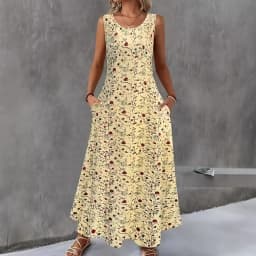 Women Summer Casual Sleeveless Floral Print Maxi Dress O Neck A-Line Long Dress With Pockets Loose Vestidos Beach Sundress